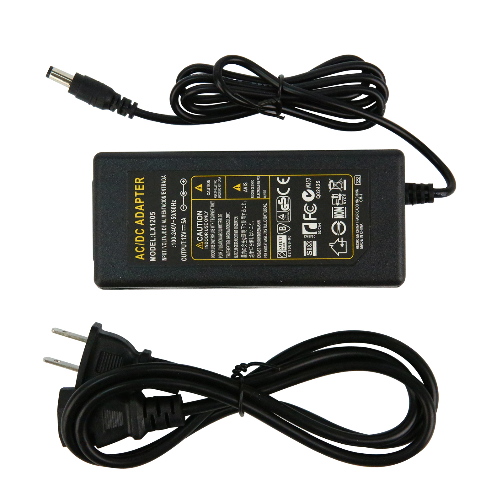 Адаптер питания для светодиодной ленты 12В 5А с 2-контактным кабелем длиной 1.2М под американскую розетку